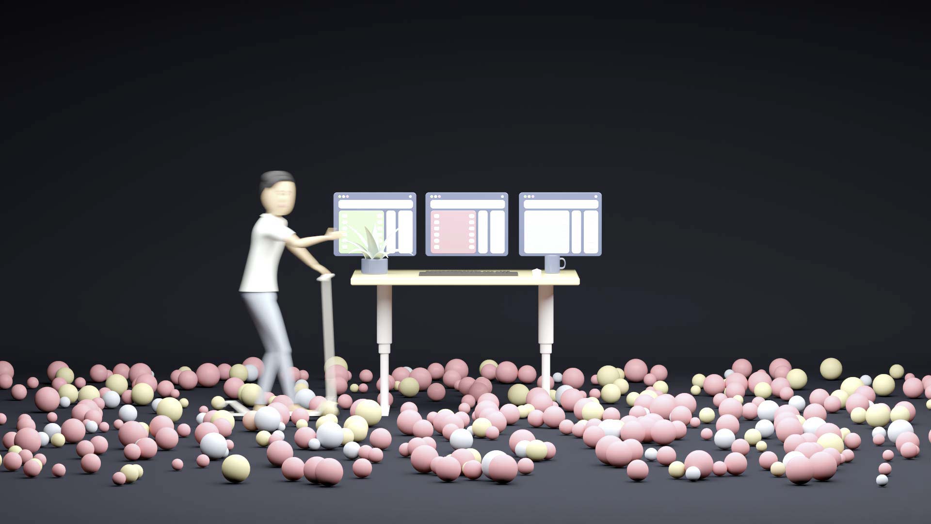 A co-worker enters the workspace represented by a height-adjustable desktop. The co-worker uses an e-scooter. In the room, there are numerous rolling balls representing itesign-developed apps.